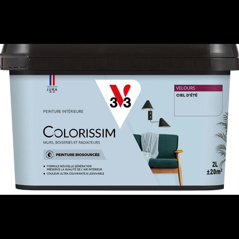 Pot de peinture V33 Colorissim Velours 2,5L associe a un panneau acoustique bois
